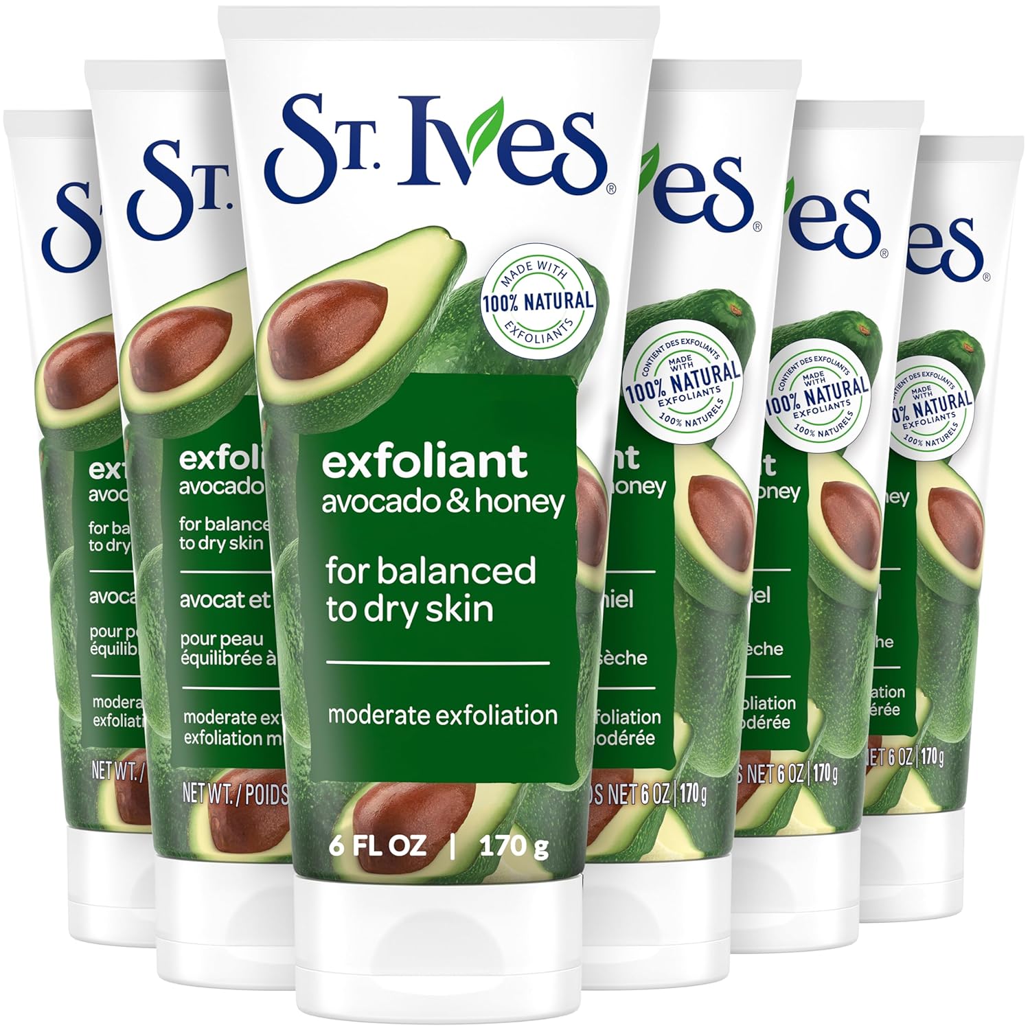 St. Ives Soft Skin Face Scrub, Avocado & Honey Moderate Exfoliator For Soft, Smooth Skin, Oil-Free Facial Scrub Made With 100% Natural Exfoliants, 6 Oz, 6 Pack