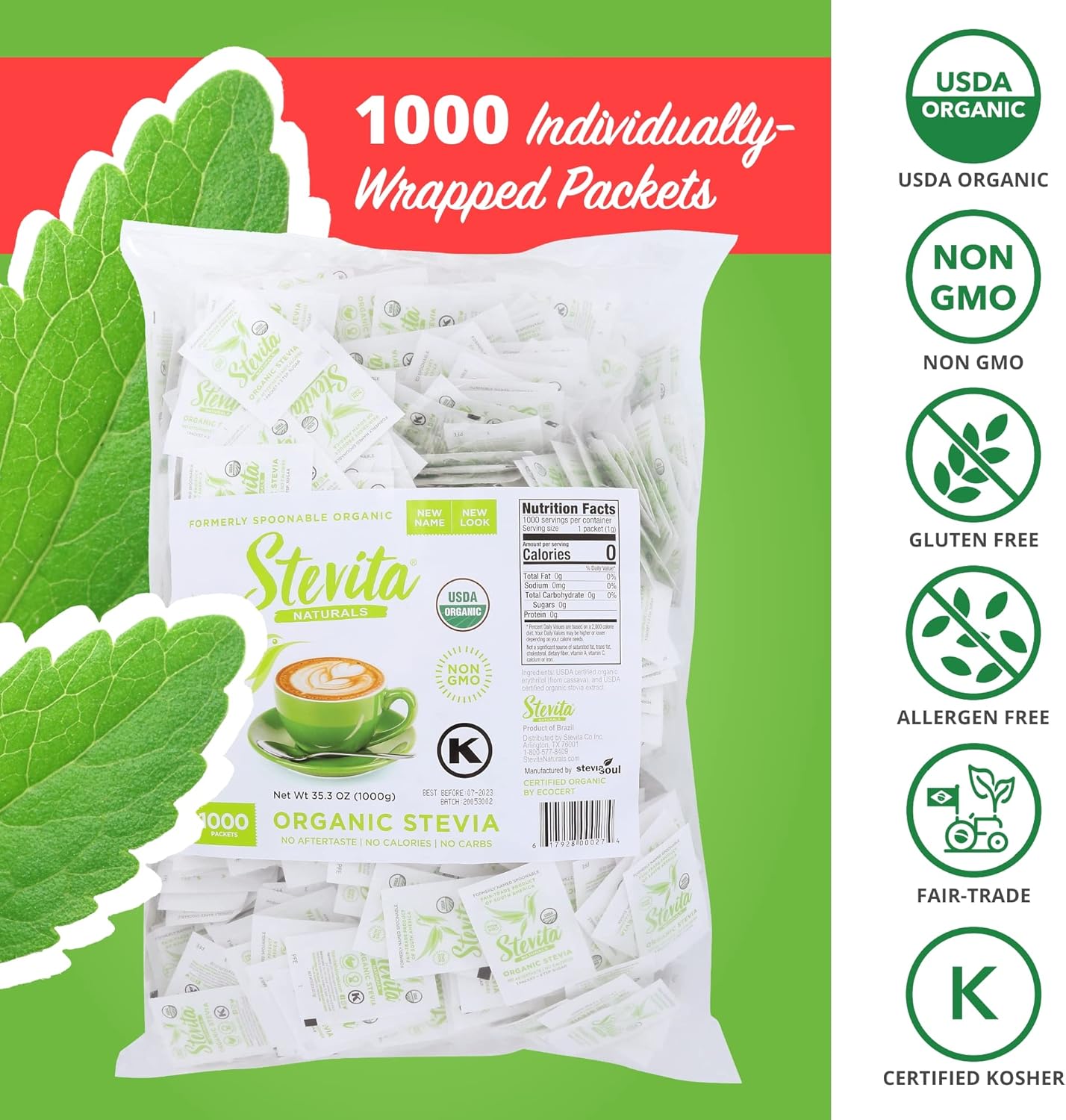 Stevita Organic Stevia - 1000 Packets - Stevia & Erythritol All-Natural Sweetener, No Calories - Usda Organic, Non-Gmo, Vegan, Keto, Paleo, Gluten Free - 1000 Servings