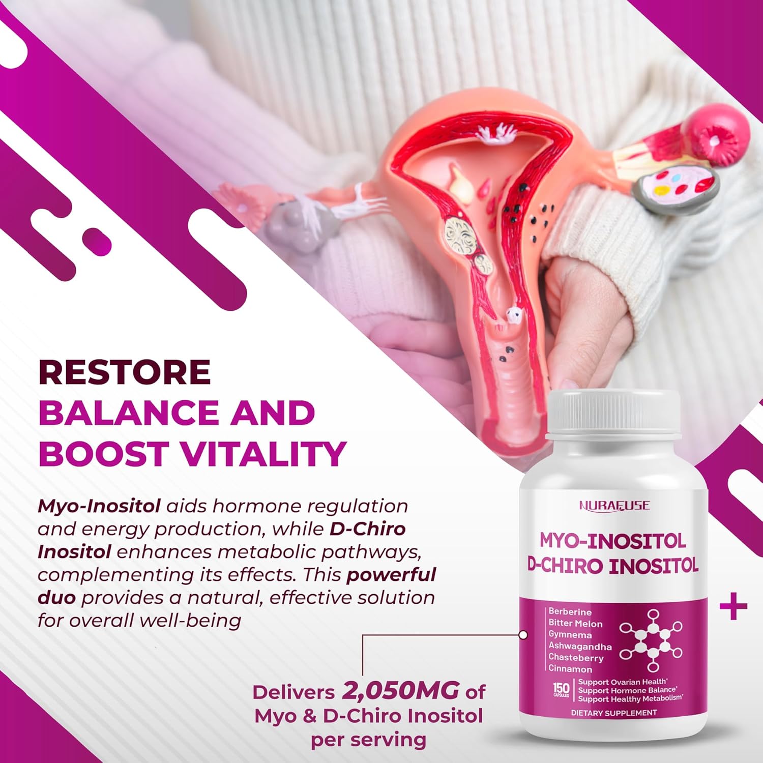 Nurafuse High Potency Myo-Inositol & D-Chiro Inositol With Chasteberry, Cinnamon, Bitter Melon & Gymnema – Supports Optimal Hormone Balance, Healthy Metabolism* – Made In The Usa : Health & Household