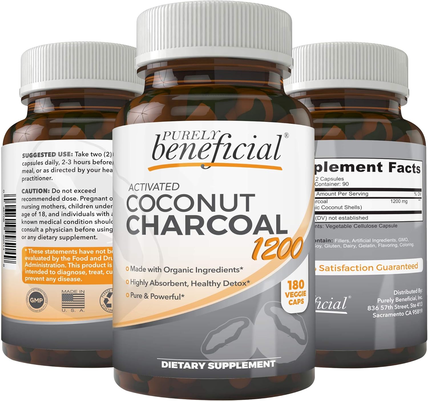 PURELY beneficial Activated Coconut Charcoal 1200mg, 180 Capsules - Pills for Digestive System, Bloating, Vegan (1bottle)