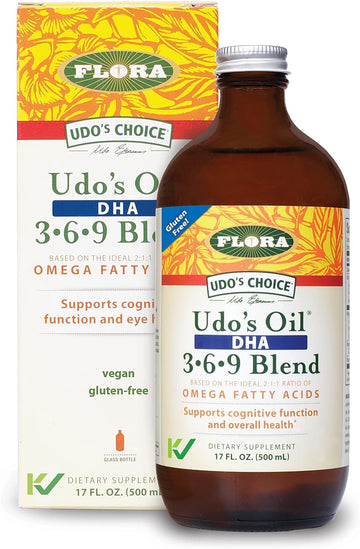 Flora - Udo'S Oil Dha 3-6-9 Blend - Vegetarian Eye & Brain Health Supplement - Omega-3 & Omega-6 - Contains Sunflower & Flax Seed Oil - Kosher & Organic - Keep Chilled - 17 Fl. Oz