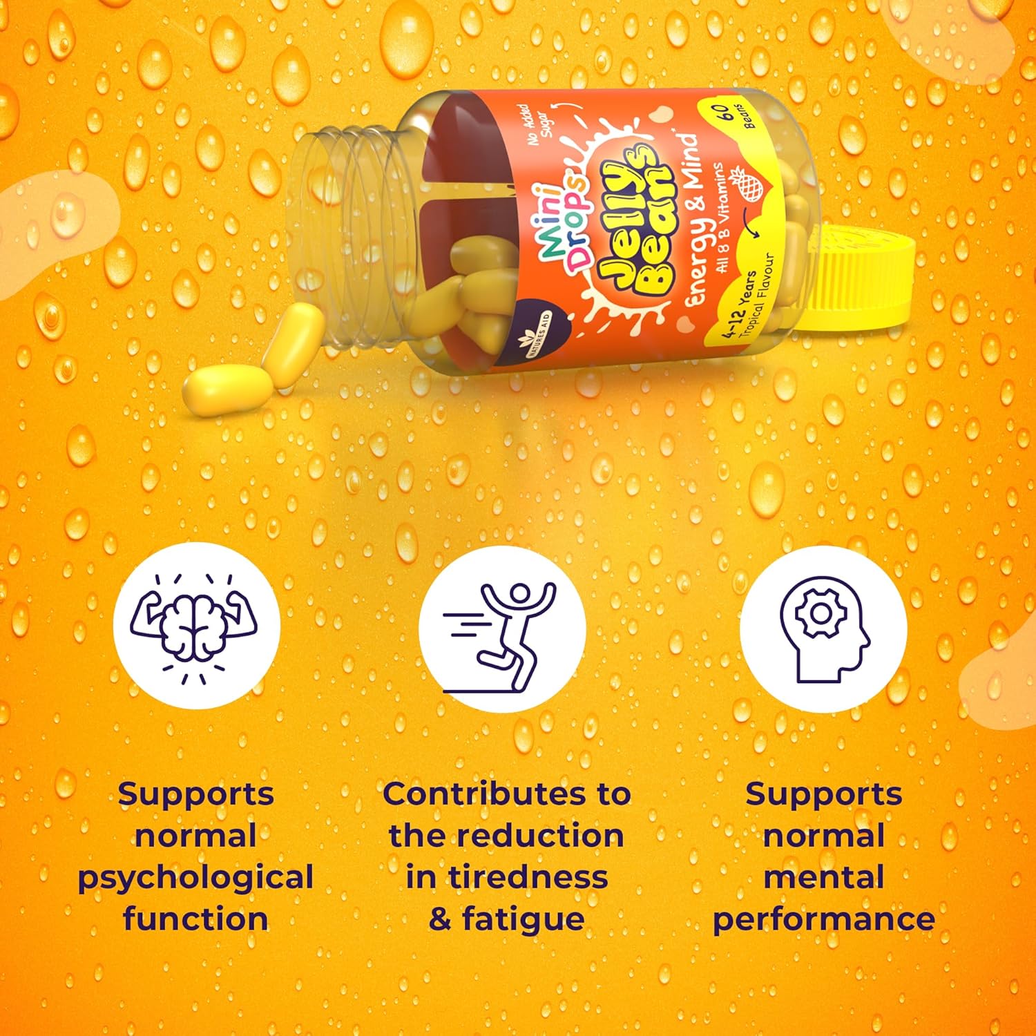 Mini Drops Jelly Beans Energy & Mind - 8 B Vitamins including B12 to Support Energy, Mental and Reduce Tiredness - Tropical, No Added Sugar Gluten Free - 60 Beans for Children Ages 4-12 by Natures Aid : Amazon.co.uk: Health & Personal Care
