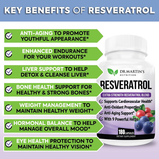 Extra Strength Resveratrol 1568Mg - 180 Capsules - 3 Months Supply | Antioxidant Supplement | Natural Trans-Resveratrol Pills | For Anti-Aging, Heart Health, Immune System & Brain Function