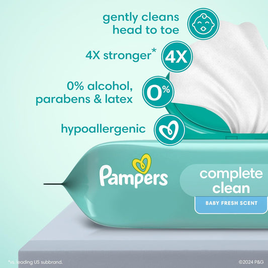 Pampers Baby Wipes, Complete Clean Baby Fresh Scented Wipe, Gently Cleans Head To Toe, 864 Total (12 Flip-Top Packs)