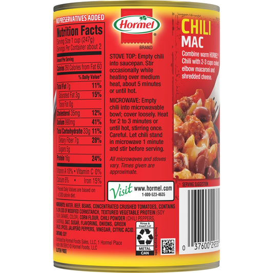 Hormel Chili Chunky Beef Chili With Beans, No Artificial Ingredients, 15 Oz