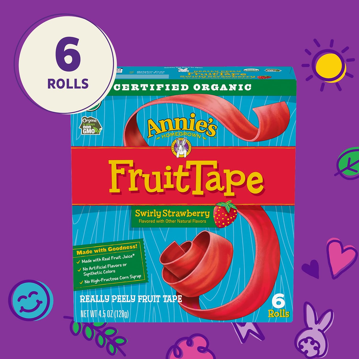 Annie'S Organic Fruit Tape, Swirly Strawberry, Non-Gmo And Organic Fruit Flavored Snacks, 6 Rolls, 4.5 Oz