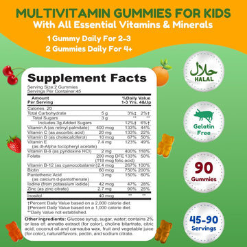 Halal Kids Multivitamin Gummies, 45-90 Days Supply, With All Essential Kids Vitamins. Toddler Vitamins With Vitamin C, D, Zinc, A, E, B6, B12, Biotin | Halal Gummy Vitamins For Kids