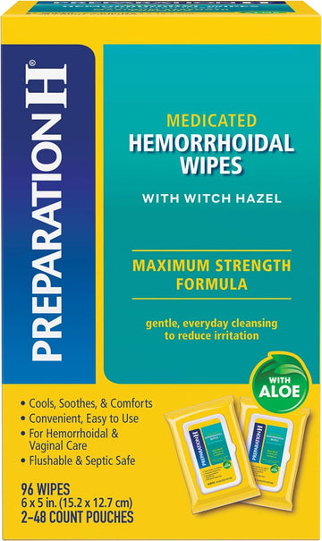 Preparation H Hemorrhoid Flushable Wipes with Witch Hazel for Skin Irritation Relief (48 wipes- pack of 2) total- 96 Count