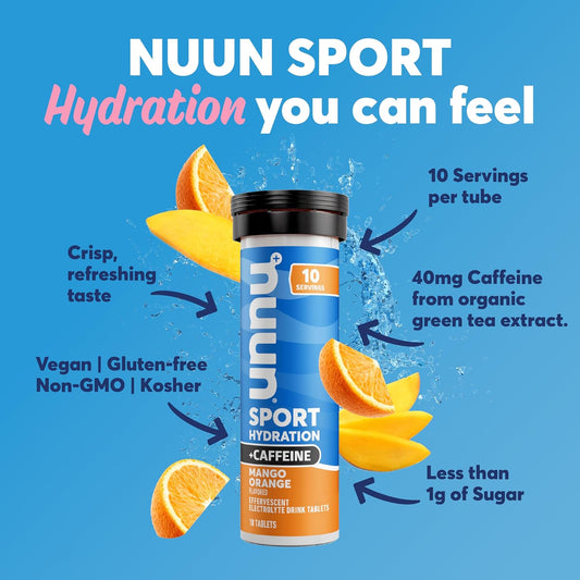 Nuun Sport + Caffeine Electrolyte Tablets For Proactive Hydration, Mango Orange, 8 Pack (80 Servings)