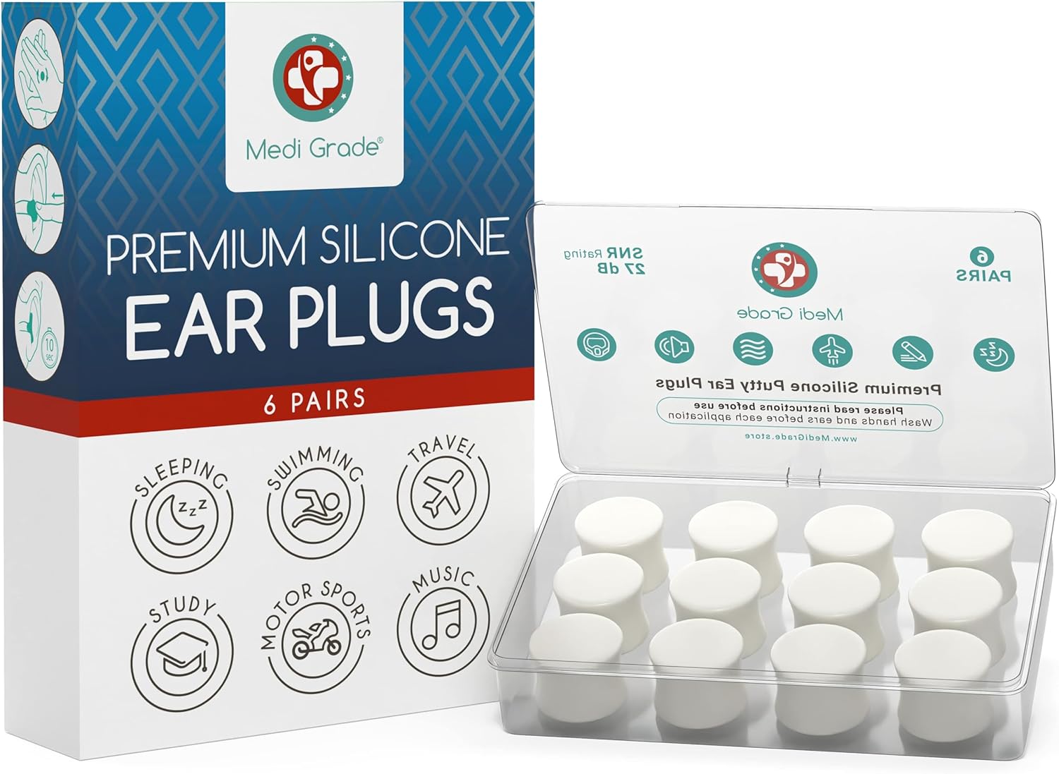 Medi Grade Premium Silicone Ear Plugs For Sleep, 6 Pairs, 27Db - Mouldable And Reusable Noise Cancelling Silicone Ear Plugs For Sleeping, Swimming And Concerts - Ear Plugs Noise Cancelling
