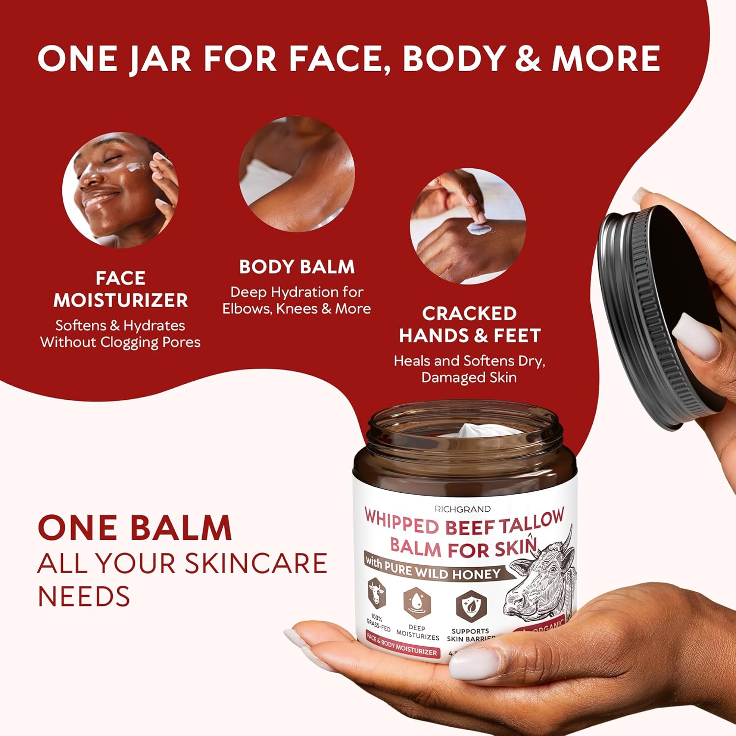 Beef Tallow For Skin – Whipped Tallow And Honey Balm With Grass-Fed Beef Tallow – Organic Daily Tallow Face Moisturizer & Body Balm – Deep Nourishment For Dry, Cracked, Sensitive Skin - 4.3 Oz