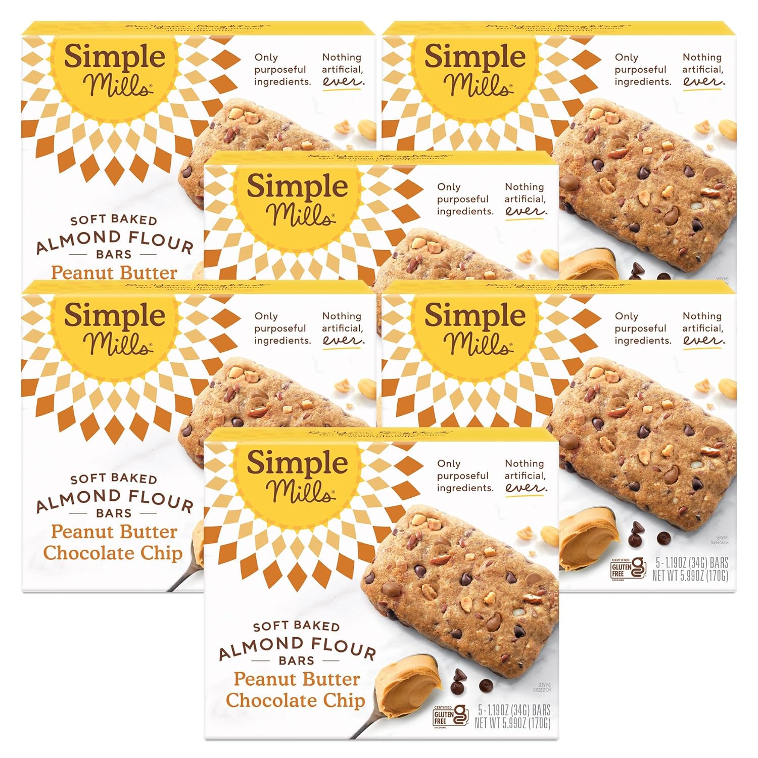 Simple Mills Almond Flour Snack Bars, Peanut Butter Chocolate Chip - Gluten Free, Made with Organic Coconut Oil, Breakfast Bars, Healthy Snacks, Paleo Friendly, 6 Ounce (Pack of 6)