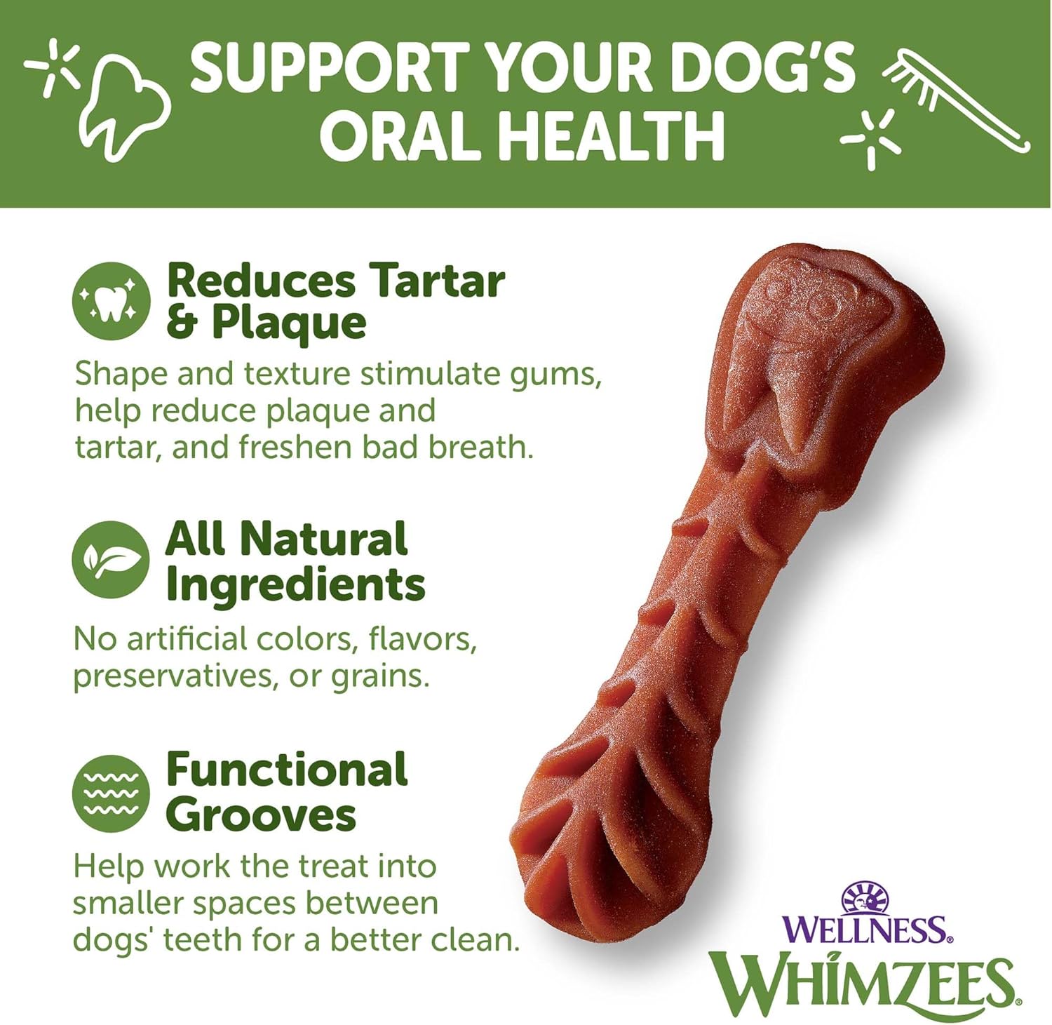 WHIMZEES Wellness Brushzees Natural Grain Free Dental Dog Treats, Small Breed, 14 Count : Pet Supplies