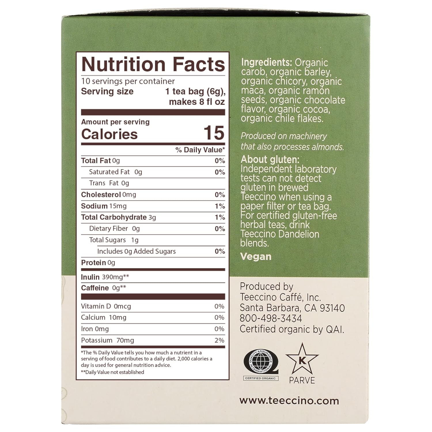 Teeccino Herbal Tea Variety Pack - Vanilla Nut, Hazelnut, Maca Chocolaté, French Roast - Roasted Herbal Tea That’S Caffeine Free & Prebiotic For Natural Energy, 10 Tea Bags (Pack Of 4)