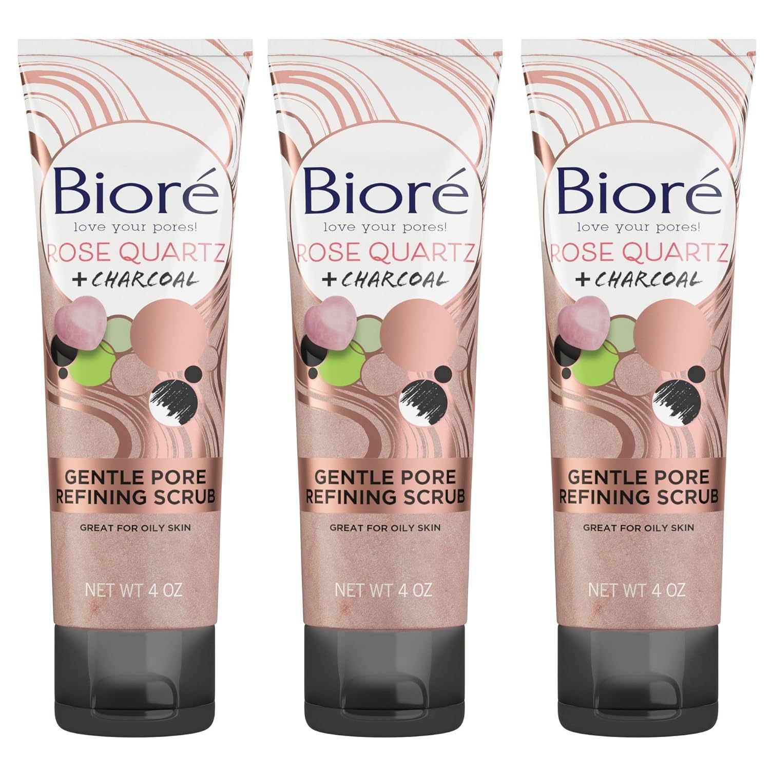 Bioré Rose Quartz + Charcoal Gentle Pore Refining Scrub, Pore Minimizing Facial Scrub, Oil Free, Dermatologist Tested, Non-Comedogenic, Cruelty Free, Vegan Friendly, 4 Oz Tubes (Pack Of 3)