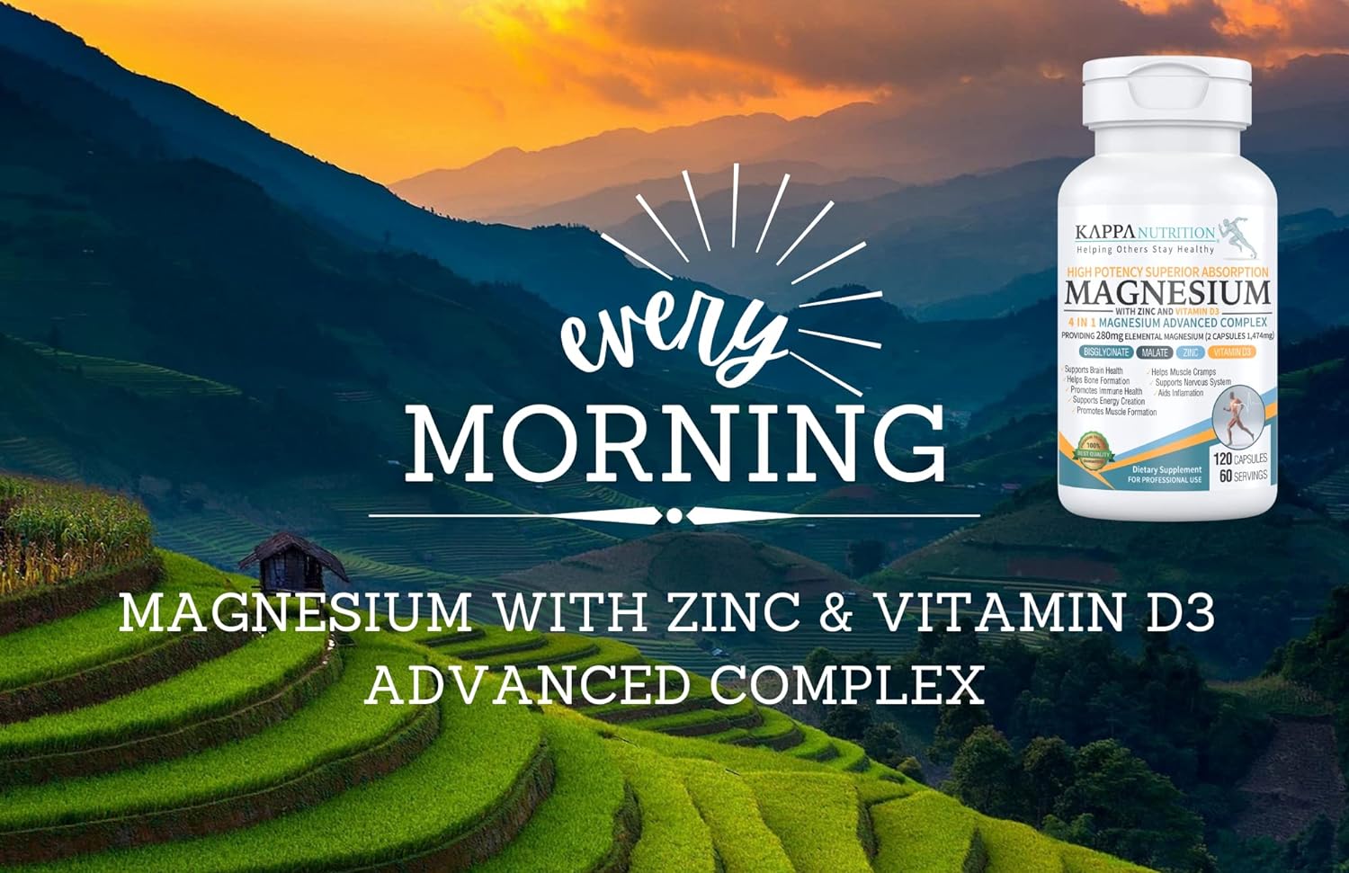 KAPPA NUTRITION (120 Capsules), Glycinate, Bisglycinate, Malate, Zinc, Vitamin D3 for Brain, Sleep, Cramps, Headaches, Energy, Bones, Immune, Providing 280mg Elemental Magnesium, from : Health & Household