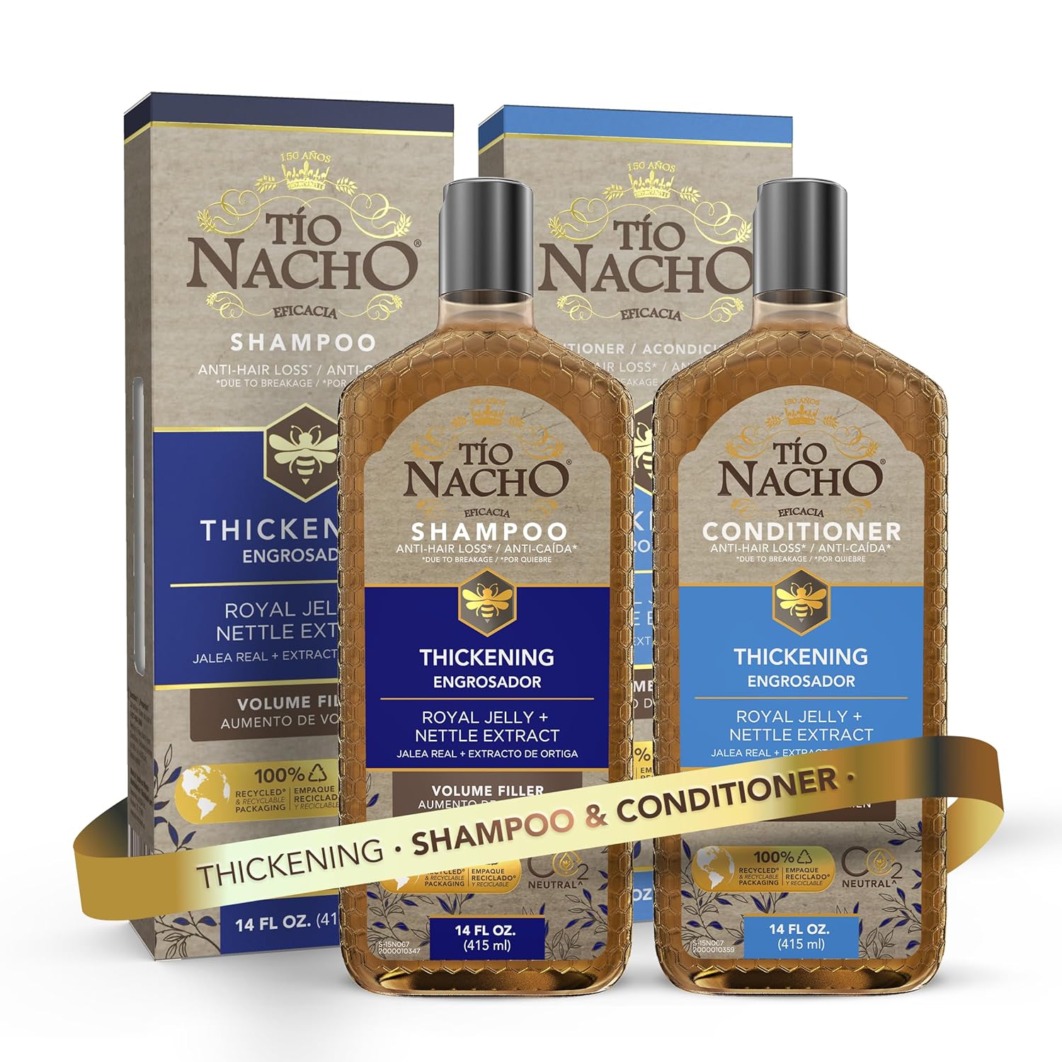 Tio Nacho Thickening Shampoo and Conditioner Set: Capilgross, Royal Jelly, Nettle, Aloe Vera, Reduces Hair Loss, Strengthens, Nourishes, Volumizes - 14 fl oz Each