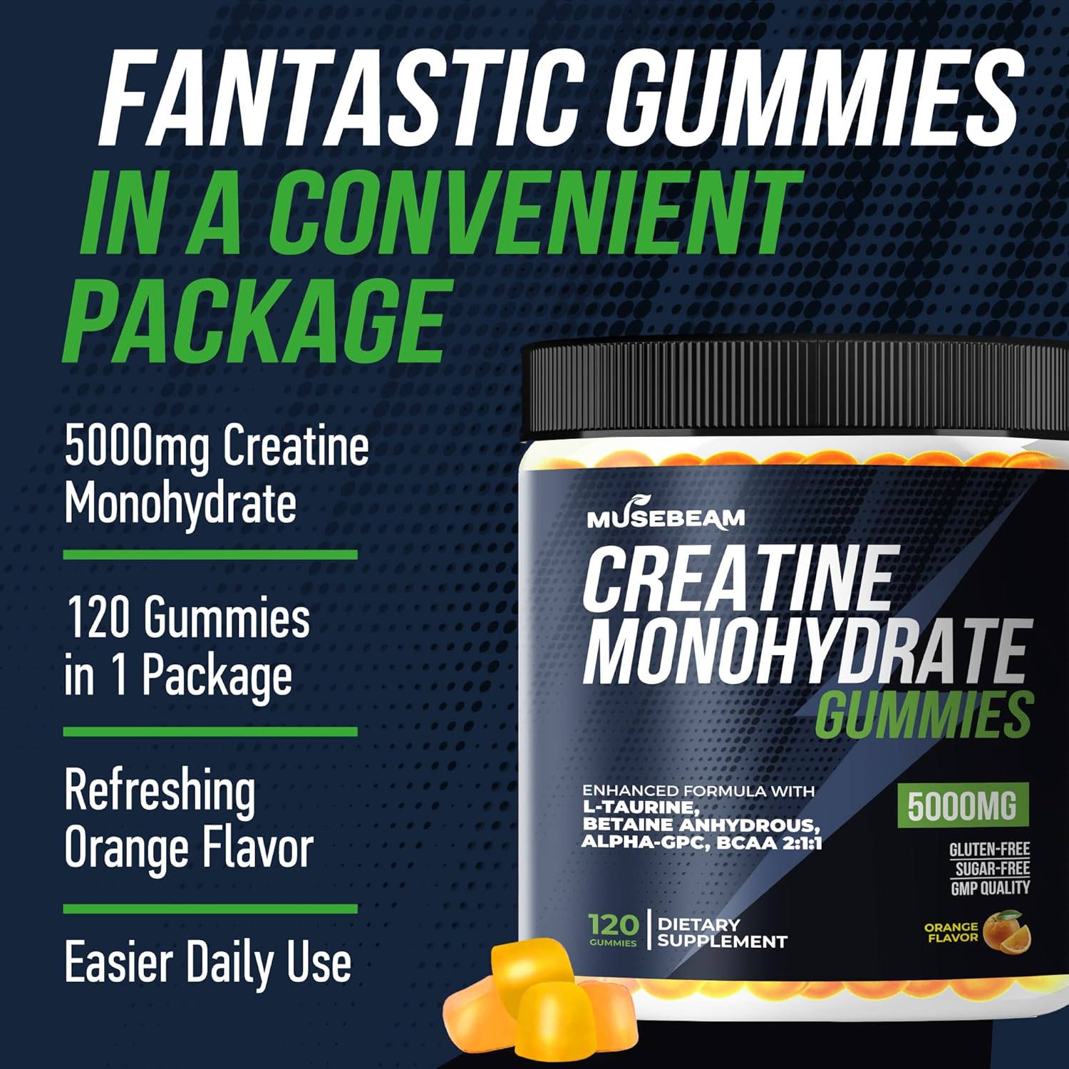 Musebeam Creatine Monohydrate 5000Mg Supplement Gummies - With L-Taurine Betaine Anhydrous Alpha-Gpc Bcaa 2:1:1 - Sugar-Free Gluten Free For Men Women : Health & Household
