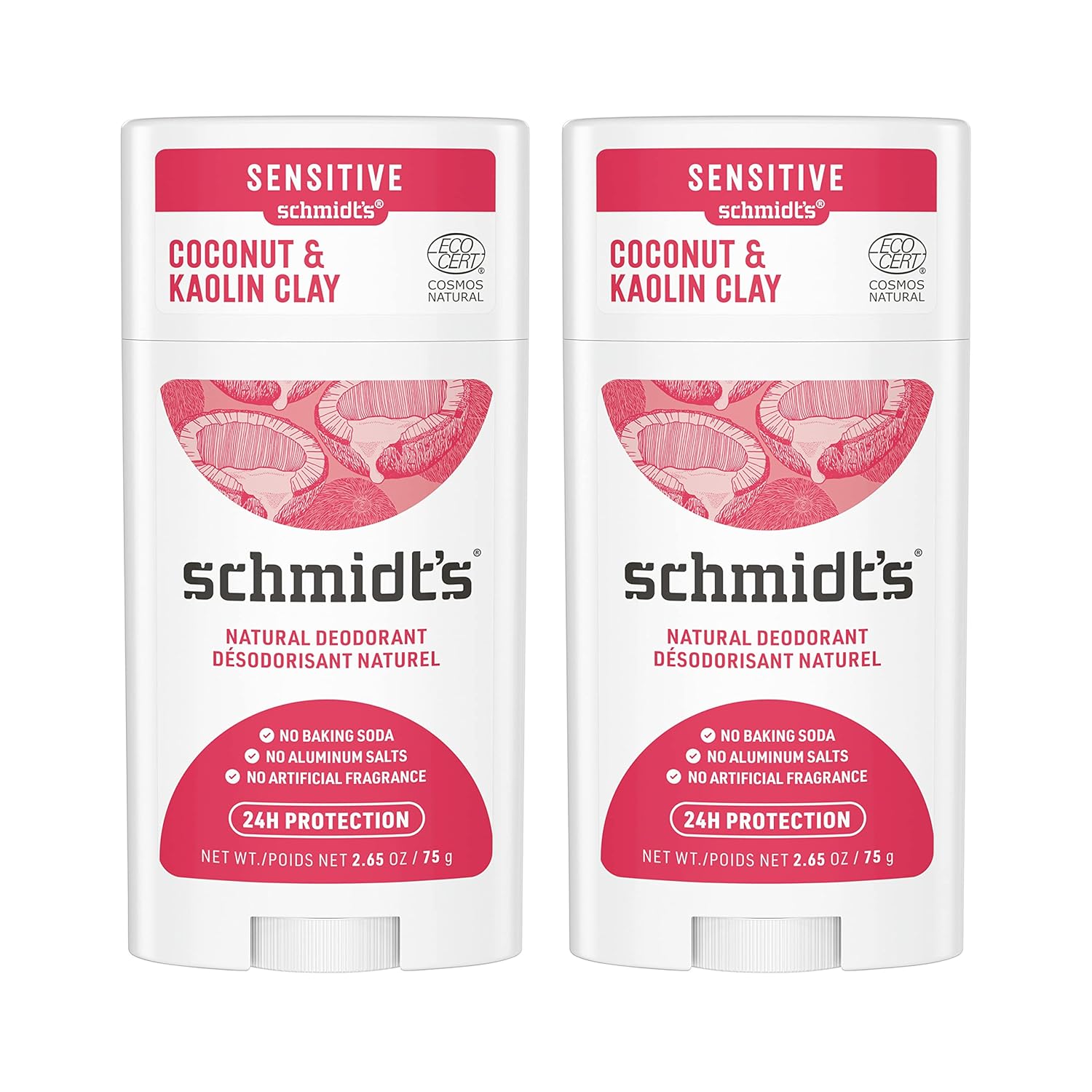 Schmidt'S Aluminum Free Natural Deodorant Coconut & Kaolin Clay 2-Pk For Women And Men, With 24 Hour Odor Protection, Certified Natural, Cruelty Free, Vegan Deodorant 2.65Oz