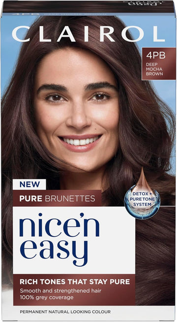 Clairol Nice N’ Easy Pure Brunettes Hair Colour | Pure And Rich Brown Tones | Smooth, Natural Hair Colour | With Pre-Colour Serum | 100% Grey Coverage | 4Pb Deep Mocha Brown| Permanent Hair Dye