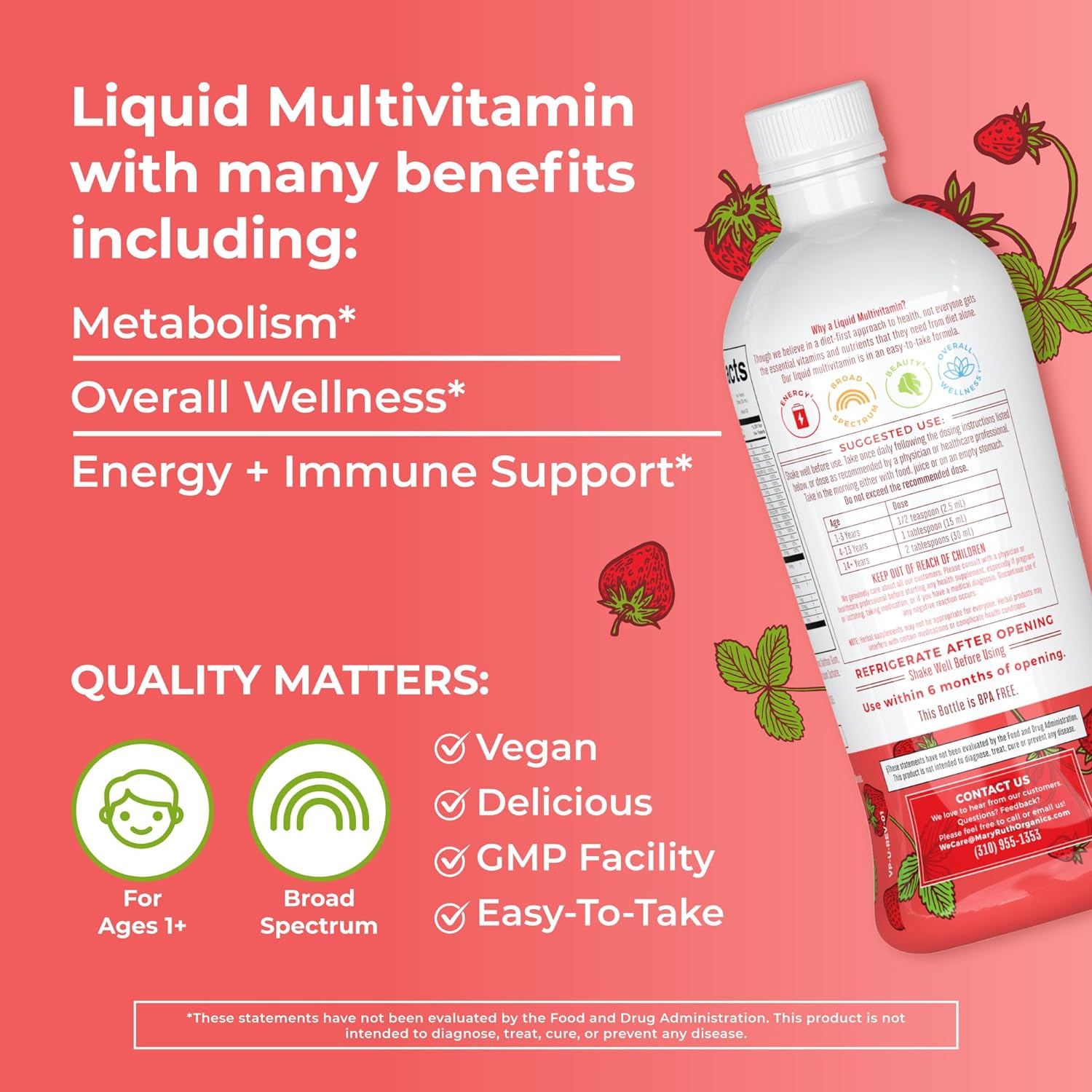 MaryRuth Organics Multivitamin Multimineral for Women Men & Kids | No Added Sugar | Vegan Liquid Vitamins for Adults & Kids | Mens, Womens Multivitamin | Energy & Beauty Booster | Non-GMO | 32 Fl Oz