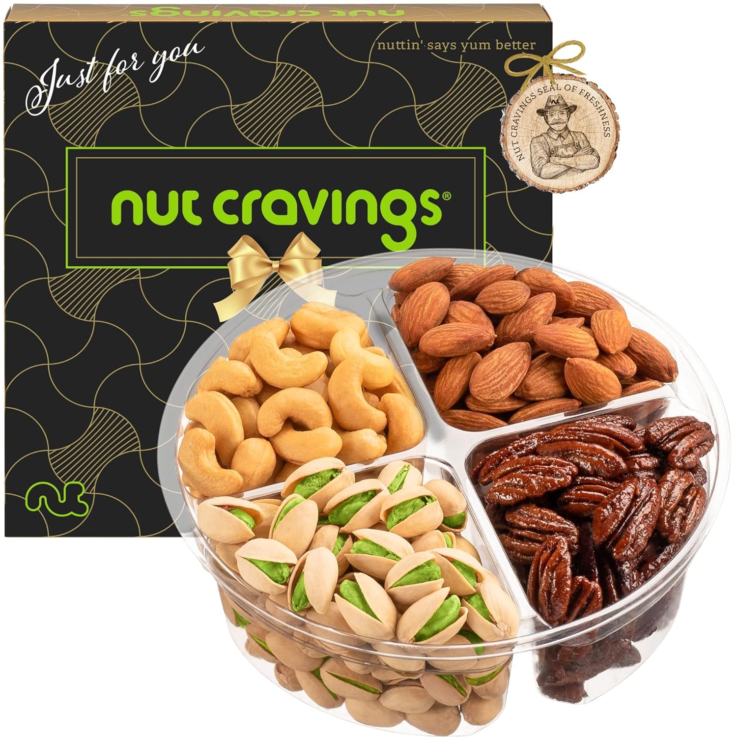 Nut Cravings Gourmet Collection - Mothers Day Mixed Nuts Gift Basket in Black Gold Box (4 Assortments) Arrangement Platter, Birthday Care Package - Healthy Kosher USA Made
