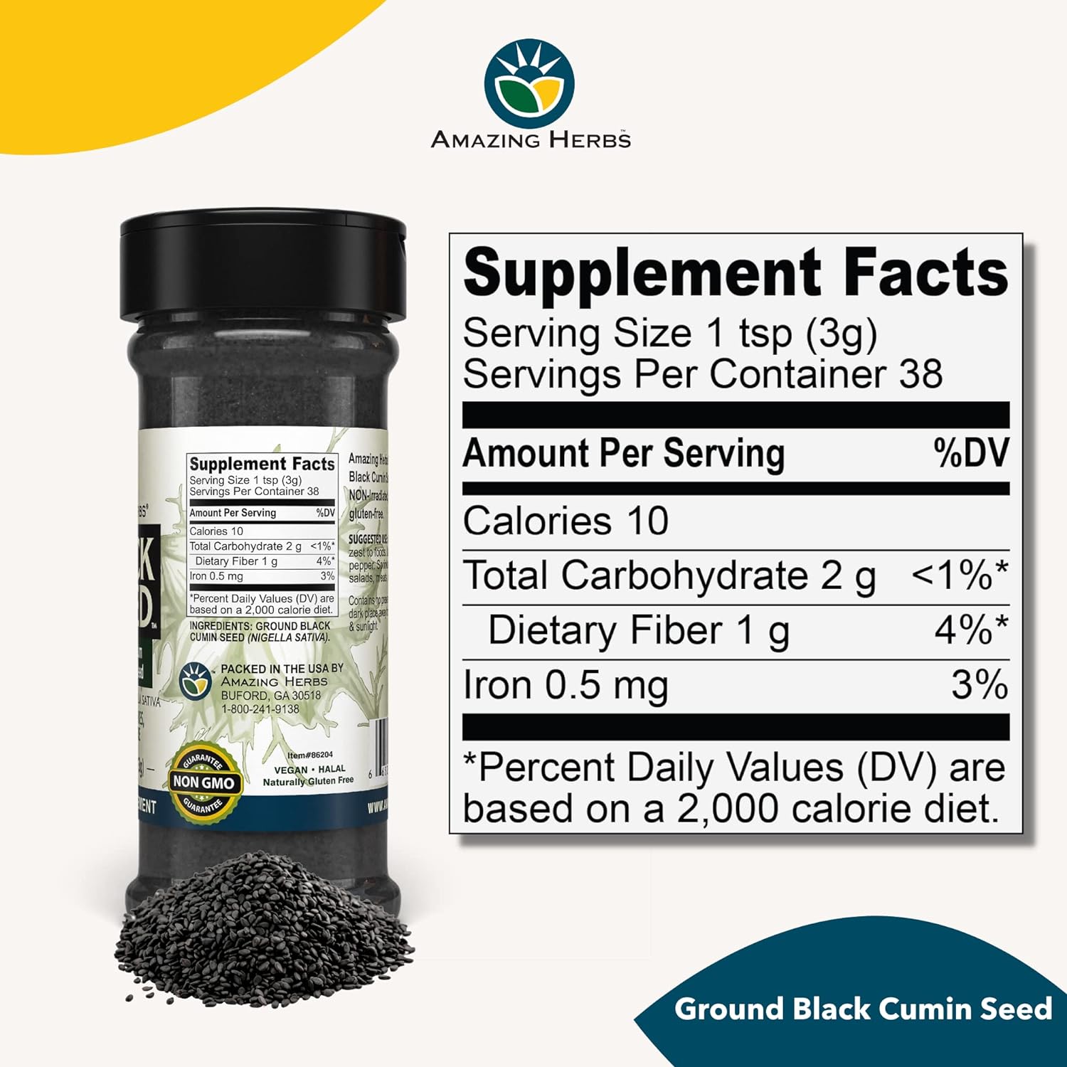 Amazing Herbs Premium Ground Black Cumin Seeds - Finely Ground Nigella Sativa, Gluten Free, Non GMO, Supports Cardiovascular Function & Preserves Digestive Health - 4 Oz : Grocery & Gourmet Food