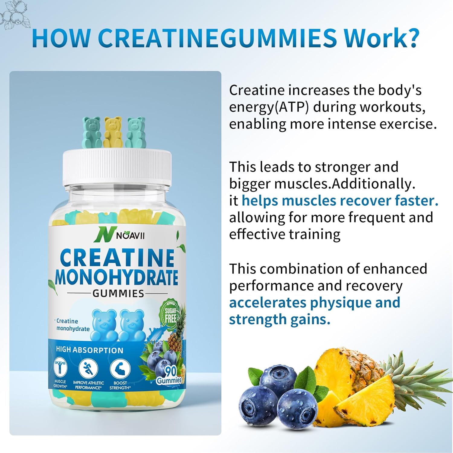 Noavii Creatine Monohydrate Gummies 5000Mg For Men & Women, Chewables Creatine Monohydrate For Muscle Strength, Muscle Builder, Energy Boost, Pre-Workout Supplement(90 Count)-Blueberry Pineapple : Health & Household