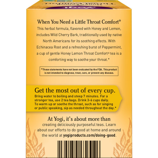 Yogi Tea Honey Lemon Throat Comfort Tea - 16 Tea Bags Per Pack (4 Packs) - Soothing Organic Honey Tea - Includes Lemongrass, Peppermint Leaf, Licorice Root, Wild Cherry Bark, Black Pepper & More