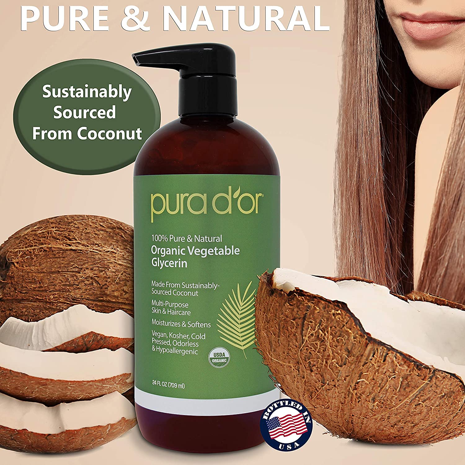 PURA D'OR Organic Vegetable Glycerin (24oz) Derived from Coconut,100% Pure Premium Grade,Clear & Odorless,Non-GMO,USP Grade,Kosher,Vegan,Cold Pressed,Hair,Skin & DIY Base (Packaging may vary) : Health & Household