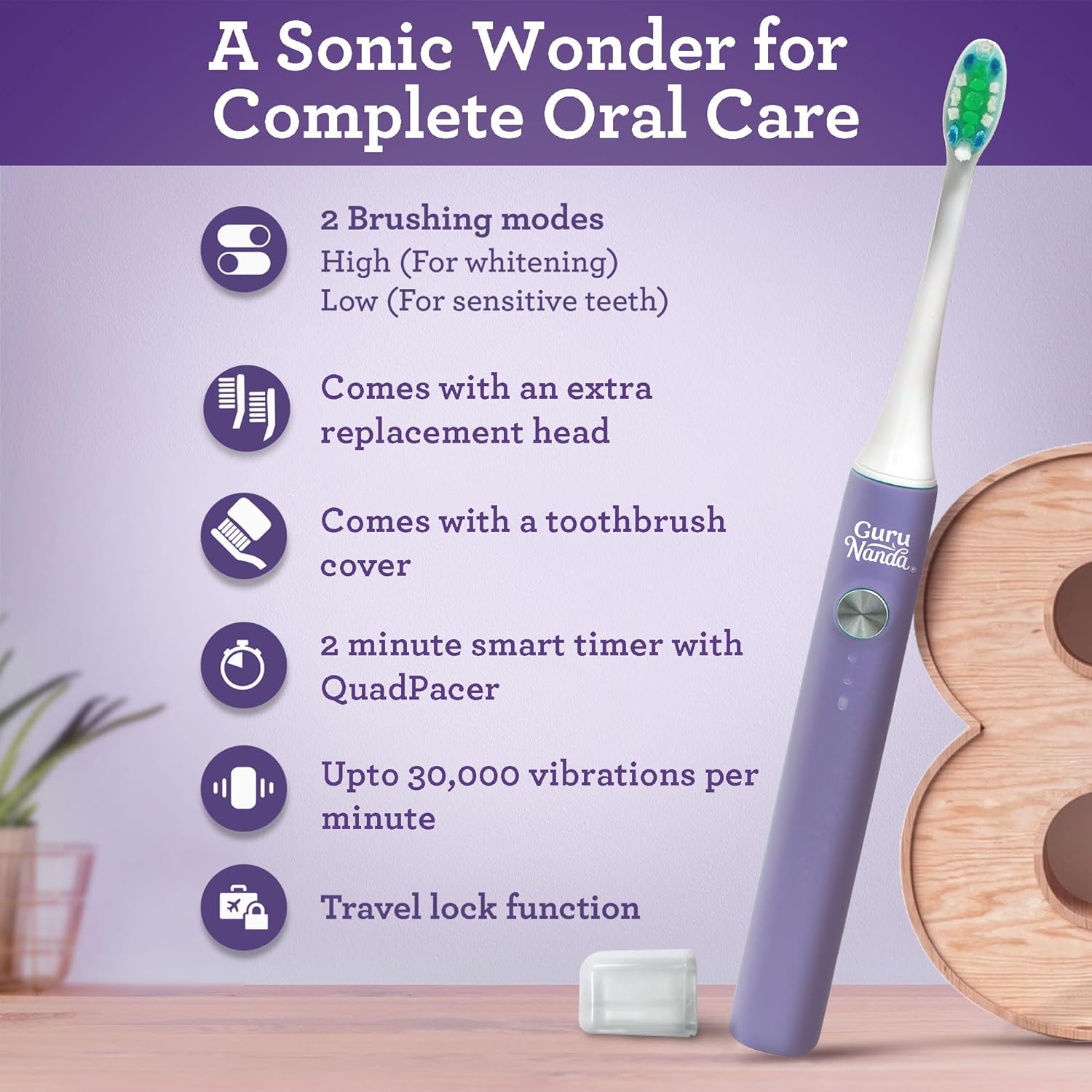 GuruNanda Cruiser Sonic Toothbrush (Lavender) with 2 Brush Heads, 1 Brush Cap, 1 USB Cable and Oil Pulling with Coconut, 7 Essential Oils, Vitamins (8 Fl Oz) - Aids in Teeth & Gum Health : Health & Household