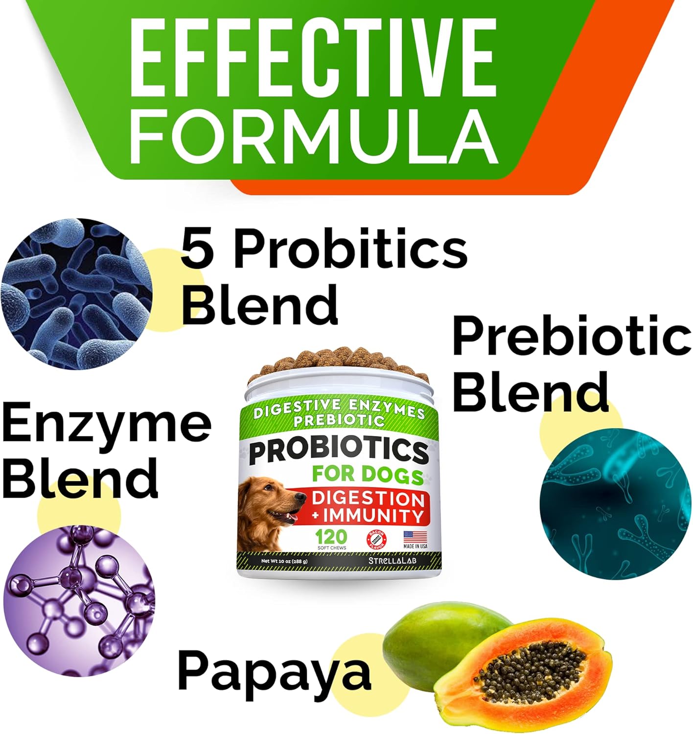 StrellaLab Dog Probiotics Treats Bundle - Digestive Enzymes + Prebiotics - Chewable Fiber Supplement - Allergy, Diarrhea, Gas, Constipation, Upset Stomach Relief - Improve Digestion&Immunity : Pet Supplies
