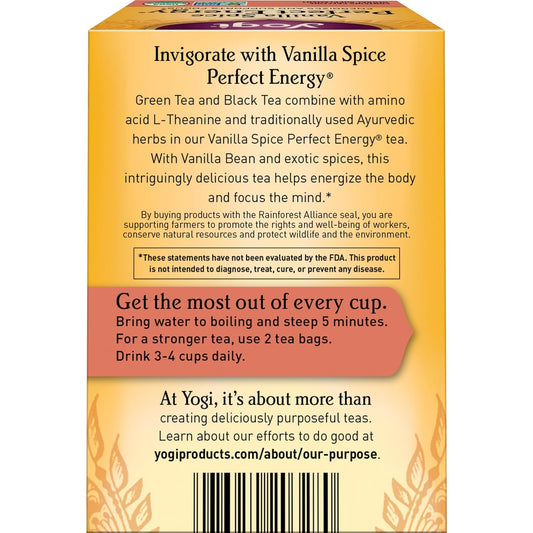 Yogi Tea Vanilla Spice Perfect Energy Tea - 16 Tea Bags Per Pack (6 Packs) - Organic Vanilla Energy Tea - Focus Tea - Includes Green Tea, Black Tea, Ashwagandha, L-Theanine & More