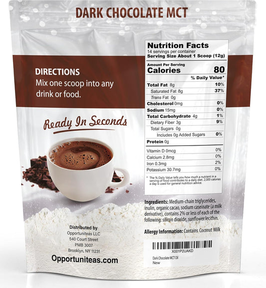 Opportuniteas Mct Oil Powder, Keto Creamer For Coffee, Drinks&Smoothies, Low Carb Keto Friendly, Boost Energy&Mental Focus, Supplement For Ketogenic Diet, Gluten Free&Non-Gmo, Dark Chocolate 6 Oz