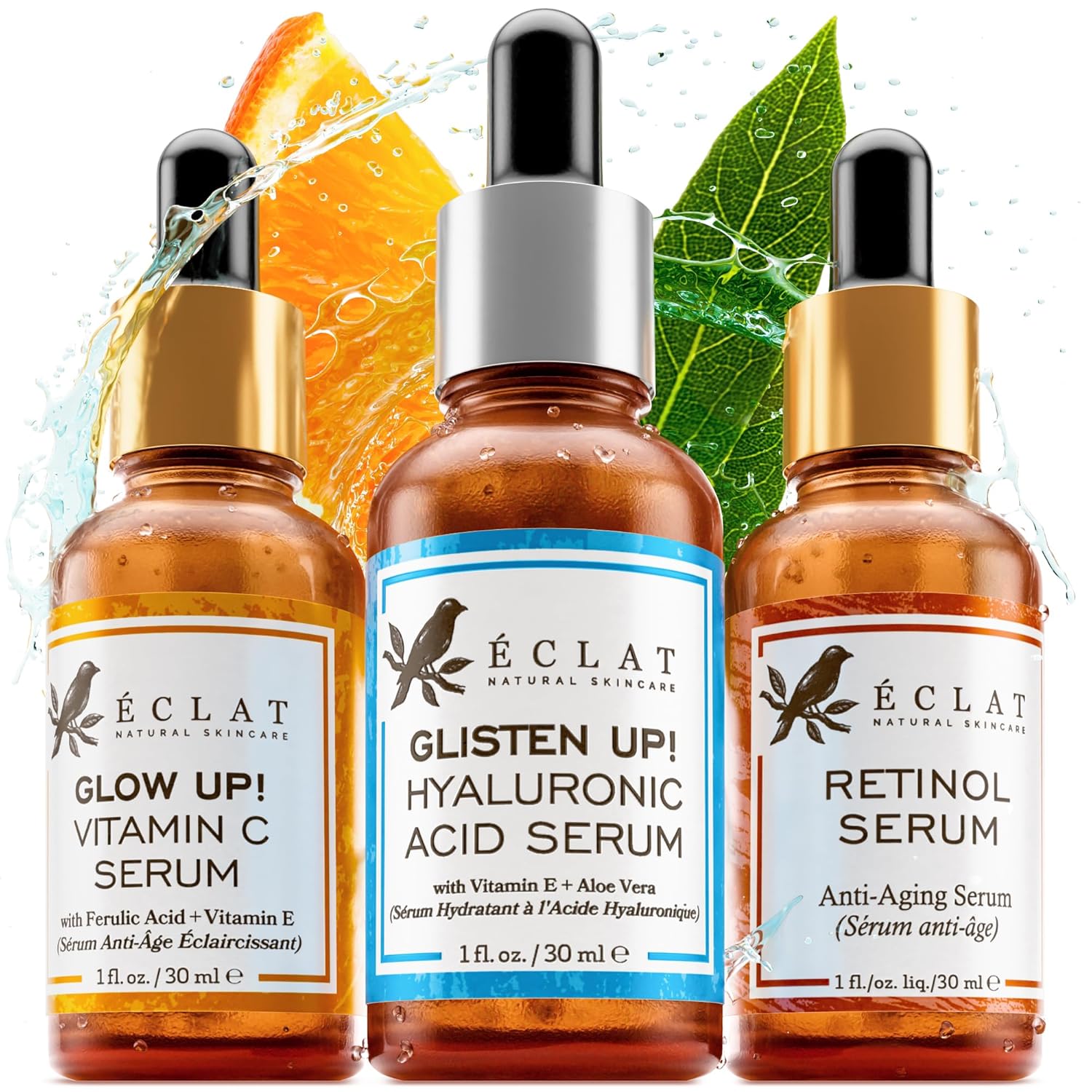 Eclat Skincare 3-Pack Face Serums - Vitamin C, Hyaluronic Acid, Retinol For Anti-Aging, Hydrating Care