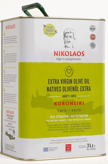 Olive Oil 3L From Crete, Greece "Nikolaos" – Premium Quality, Extra Virgin, Cold-Pressed, Rich In Polyphenols, Low Acidity. New Harvest: Dec. 2024 – Feb. 2025. Best Before: Sept.–Nov. 2026