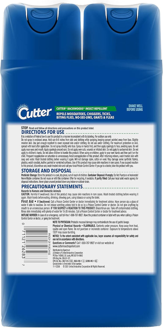 Cutter Backwoods Insect Repellent (2 Count), Mosquito Repellent, 25% Deet, Sweat Resistent, 11 Ounce (Aerosol Spray)