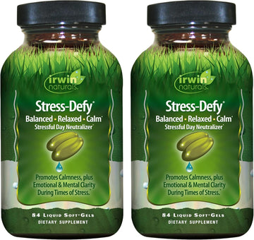 Irwin Naturals Stress-Defy - 84 Liquid Soft-Gels, Pack Of 2 - Promotes Calmness & Relaxation - With Rhodiola & L-Theanine - 84 Servings
