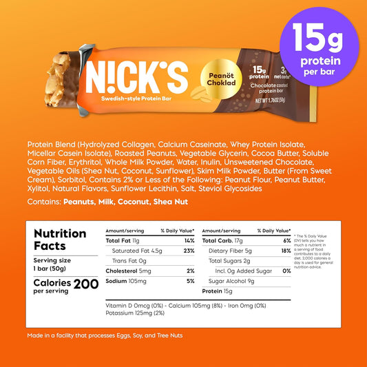 Nick'S Swedish-Style Snack Bar, Keto Protein Bar, 24 Count, 15G Protein, Low Carb, Low Sugar, Meal Replacement Bar, Keto-Friendly Snack, Chocolate Peanut
