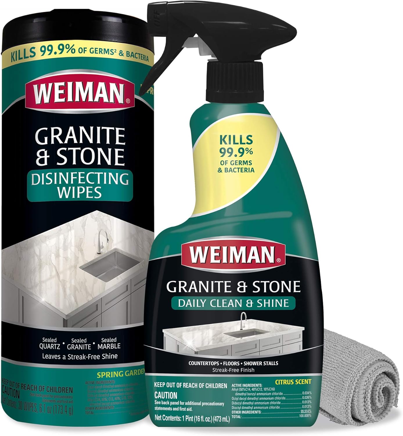 Weiman Disinfectant Granite Cleaner Kit - Safely Clean Disinfect and Shine Granite Marble Soapstone Quartz Quartzite Slate Limestone Corian Laminate Tile Countertops - Packaging May Vary