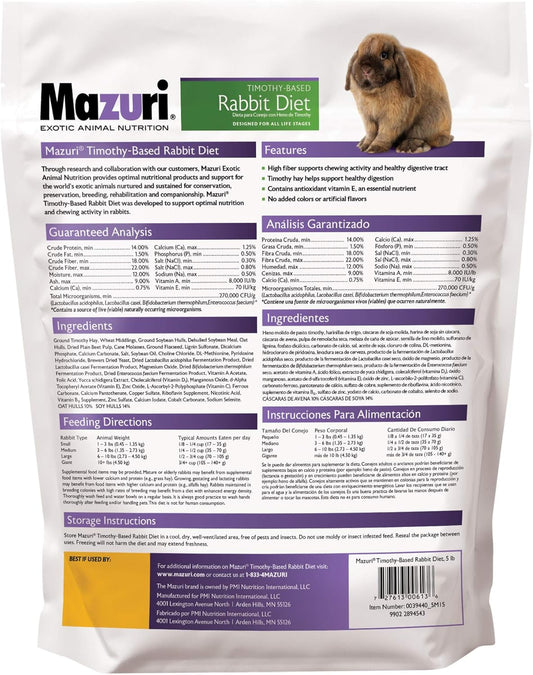 Mazuri | Nutritionally Complete Timothy Hay-Based Rabbit Food | 5 Pound (5 Lb.) Bag