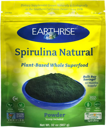 Earthrise Spirulina Natural Powder 32oz, Natural Premium Spirulina from California- Vegan, Gluten Free, Keto Friendly, Non -GMO Super Food high in Vitamins & Minerals. (2 LB)