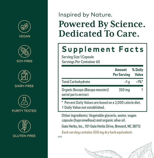 Gaia Herbs Pro Bacopa Monnieri - Herbal Nootropic Memory Supplement For Brain Health - With Bacopa - 60 Vegan Liquid Phyto-Capsules (60 Servings)