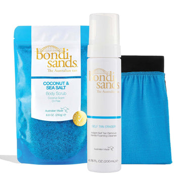 Bondi Sands Essential Prep Bundle | Includes Coconut & Sea Salt Body Scrub, Self Tan Eraser, and Exfoliation Mitt for a Flawless Base ($49 Value)