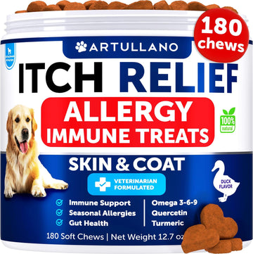 Dog Allergy Relief Chews - Dog Itching Skin Relief Treatment Pills - Itchy and Paw Licking - Anti-Itch Support - Immune Skin & Coat Supplement - Dry Skin and Hot Spots - 180 Treats