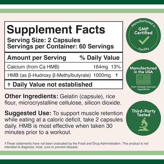 Hmb Supplement, Third Party Tested, Non-Gmo, Gluten Free, 120 Capsules, 1000Mg, By Double Wood