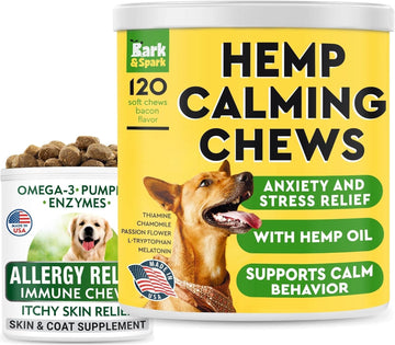 Calming Hemp Treats + Allergy Relief Treats Bundle - Hemp Oil + Omega 3 + Pumpkin + Enzymes - Anxiety Relief + Itchy Skin Relief - Separation Aid + Stress Relief + Seasonal Allergies - 240 Soft Chews