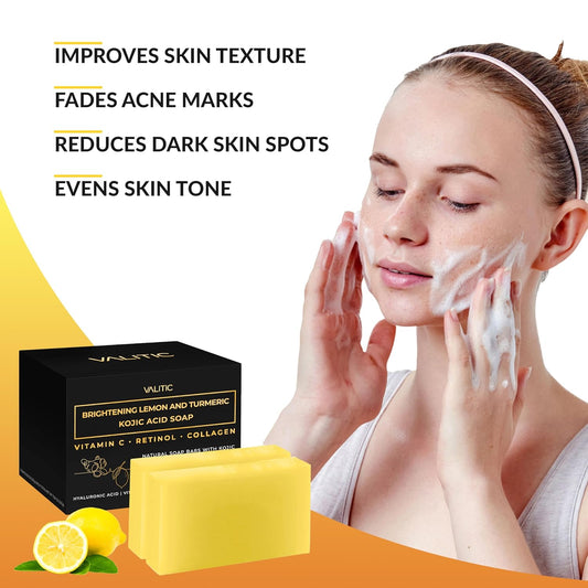 Valitic Brightening Lemon And Turmeric Kojic Acid Soap - Vitamin C, Retinol - Original Japanese Complex With Hyaluronic Acid, Vitamin E, Shea Butter, Castile Olive Oil - 3 Pack And African Net Sponge