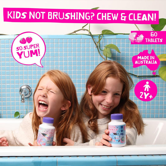 Jack N' Jill Tooth Sparkles - Tooth Cleaning Calcium Chews, Supports Teeth & Bone Development, Natural Flavors, With Xylitol, Vitamin D & Calcium, Sugar-Free - Natural Strawberry, 60 Tablets