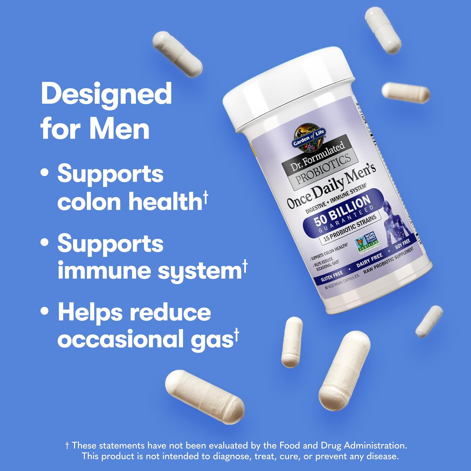Garden Of Life Probiotics For Men Dr Formulated 50 Billion Cfu 15 Probiotics For Digestive Health + Organic Prebiotic Fiber For Colon & Immune Support, Daily Gas Relief, Shelf Stable, 30 Capsules : Health & Household